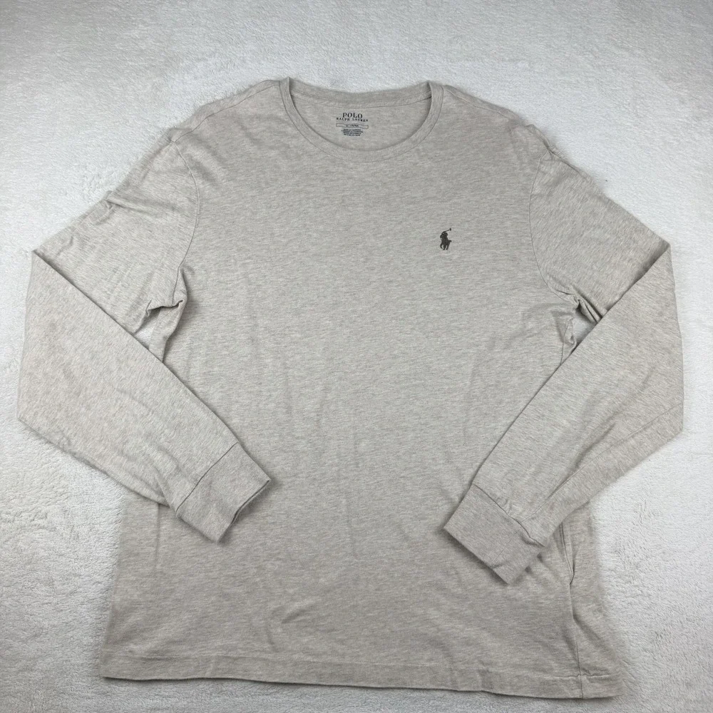 Polo Ralph Lauren Mens Long Sleeve T-Shirt‎ Oatmeal Beige Heather Cotton Pony M